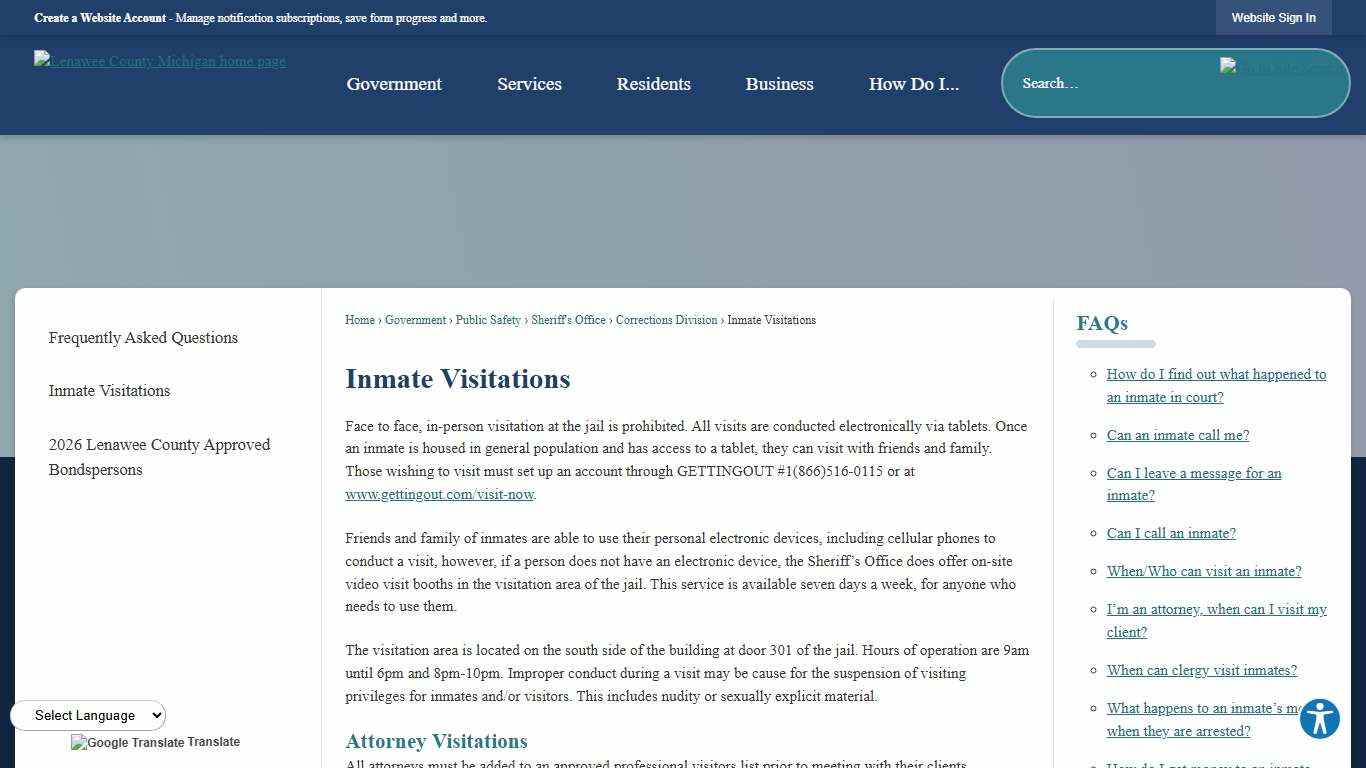 Inmate Visitations | Lenawee County, MI